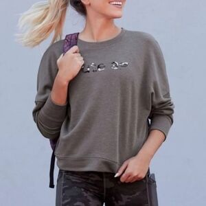Fabletics Stacey Lightweight Sweatshirt "CUTE AF" Gray & Camo Graphic EUC